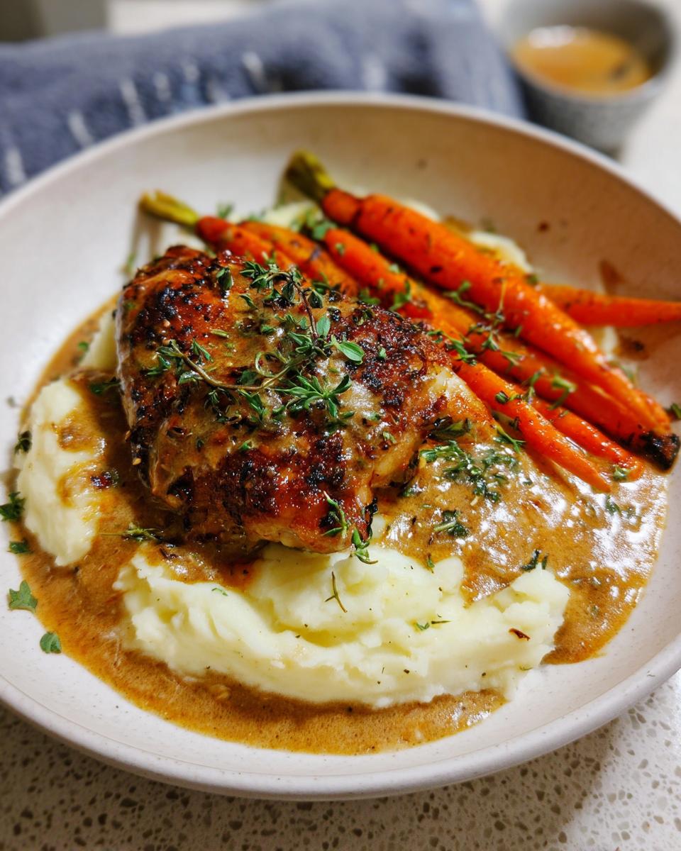 A plate of Creamy Herb Chicken with Mashed Potatoes & Glazed Carrots, topped with fresh herbs and sauce.