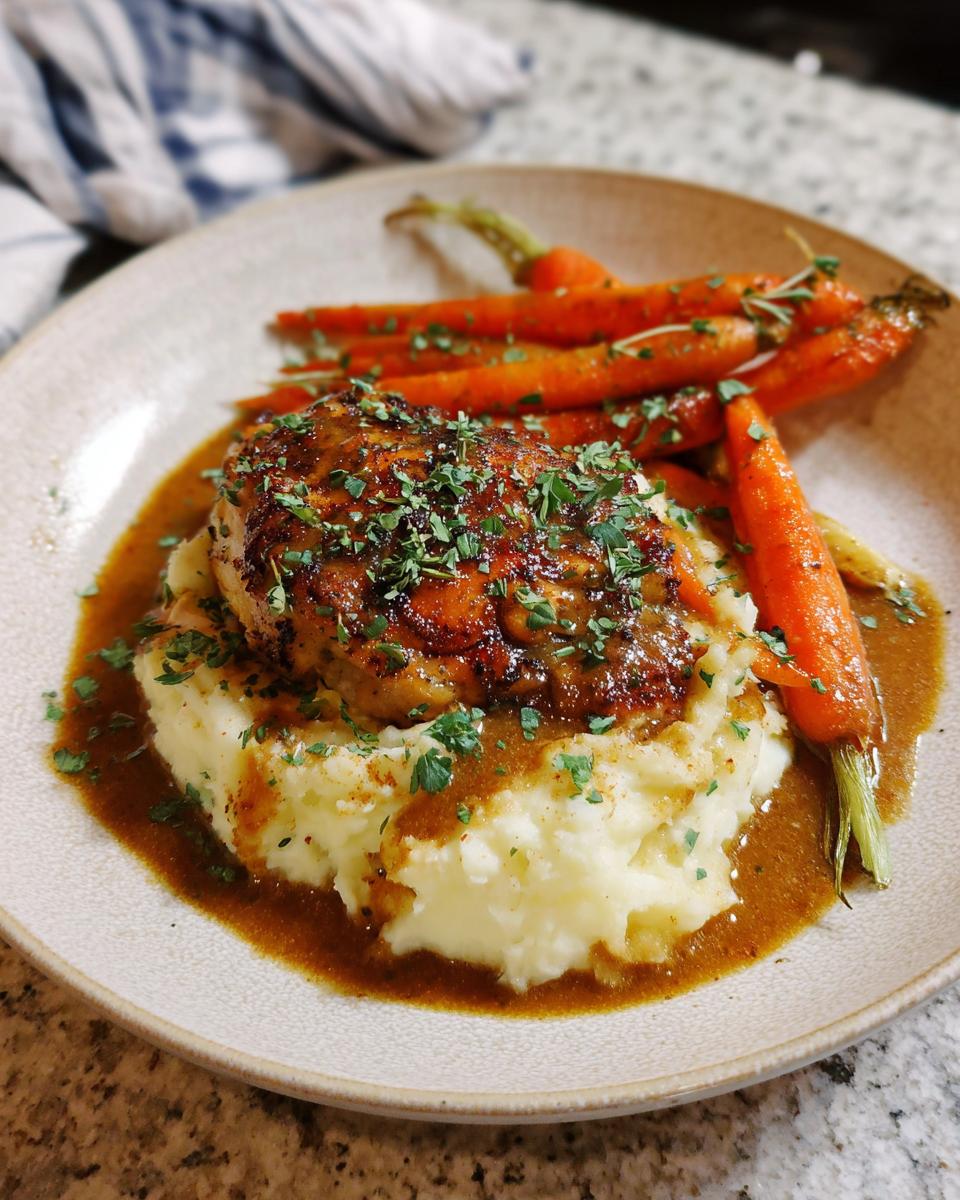 A serving of Creamy Herb Chicken with Mashed Potatoes and glazed carrots, drizzled with sauce and garnished with parsley.