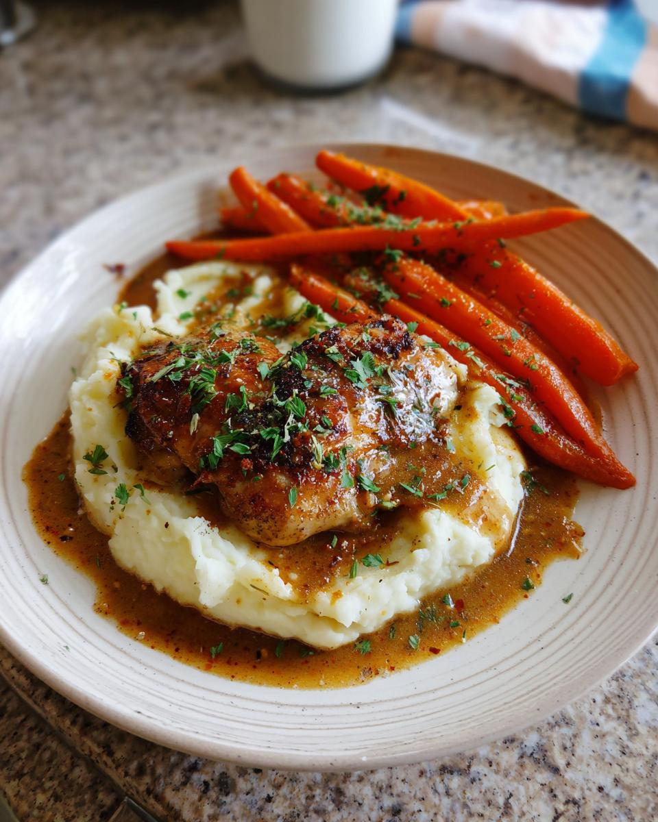 A plate of Creamy Herb Chicken served with fluffy mashed potatoes and glazed carrots, drizzled with sauce and garnished with herbs.