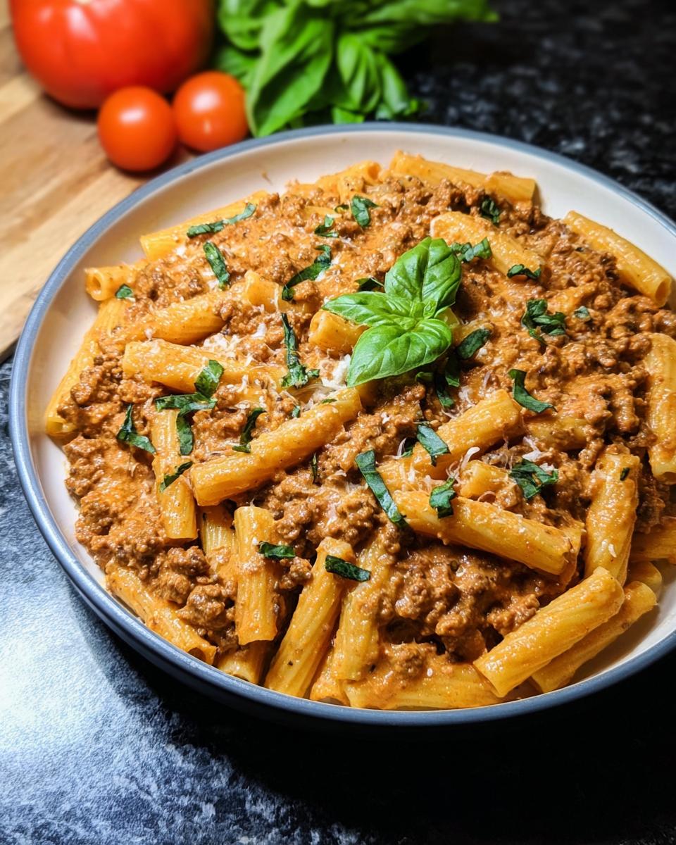 A bowl of creamy high protein beef pasta, garnished with fresh basil and grated cheese.