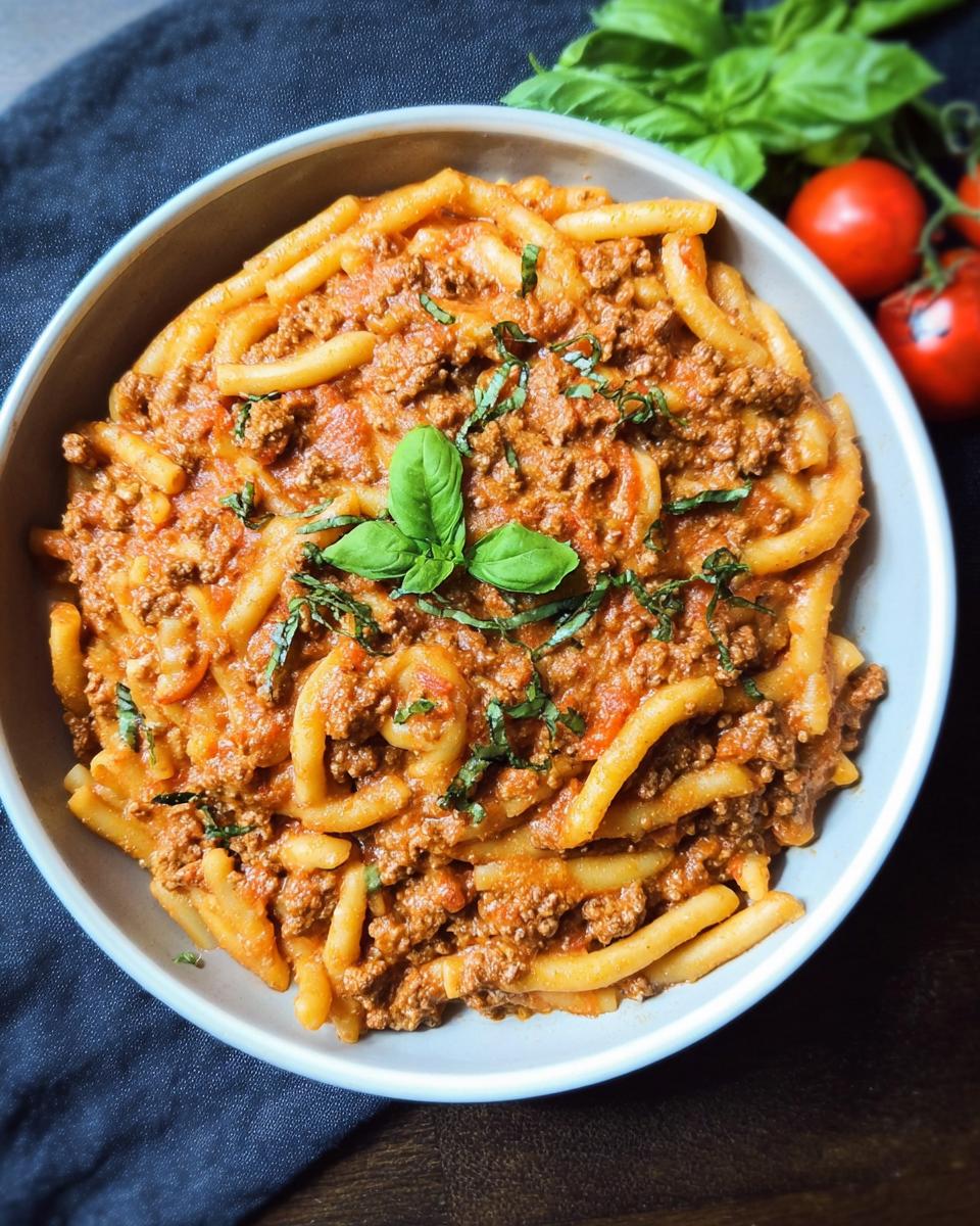 A bowl of creamy high protein beef pasta, garnished with fresh basil and served with tomatoes in the background.