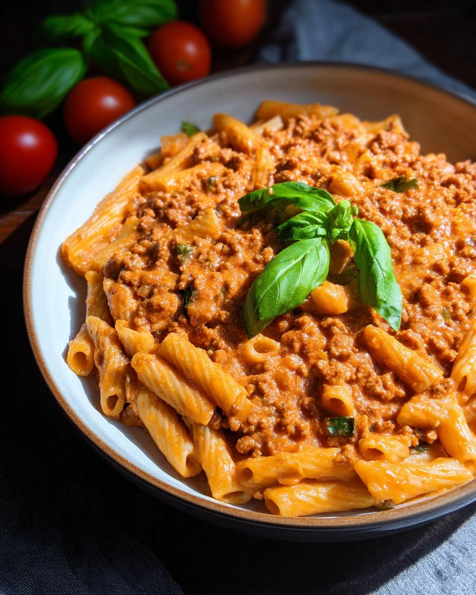 A bowl of Creamy High Protein Beef Pasta, garnished with fresh basil leaves and served with tomatoes and basil in the background.