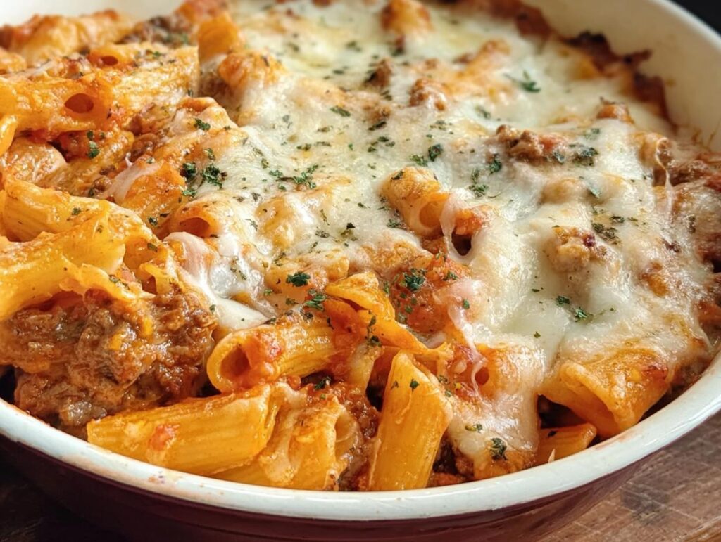 Close-up of a creamy high protein beef pasta bake with melted cheese and herbs.