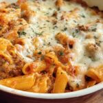 Close-up of a creamy high protein beef pasta bake with melted cheese and herbs.