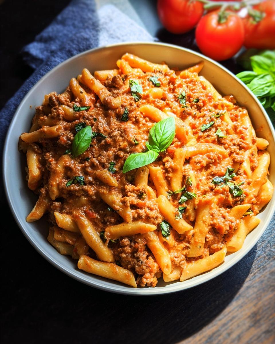 A bowl of Creamy High Protein Beef Pasta with penne noodles and a rich meat sauce, garnished with fresh basil.