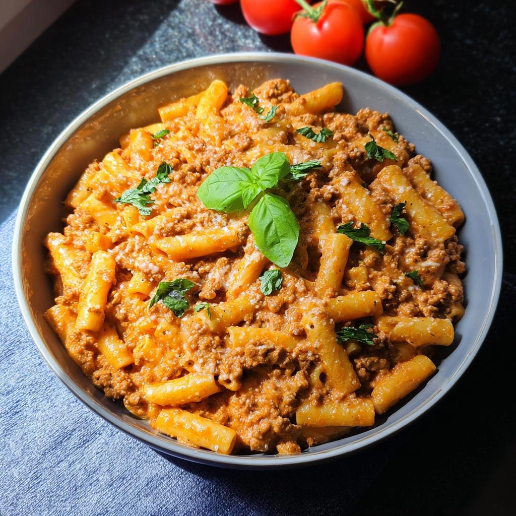 A bowl of Creamy High Protein Beef Pasta, garnished with fresh basil and parsley.