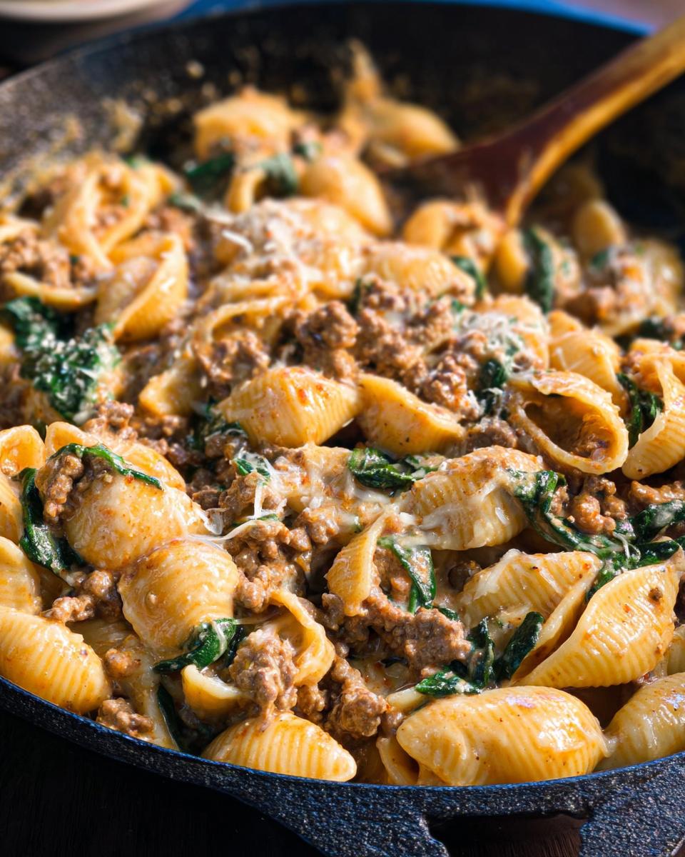 Close-up of a skillet filled with creamy high protein beef pasta and spinach, topped with shredded cheese.