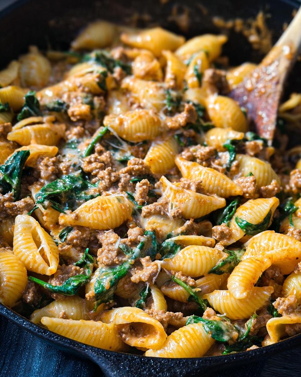 Close-up of Creamy High Protein Beef Pasta with spinach and melted cheese in a skillet.