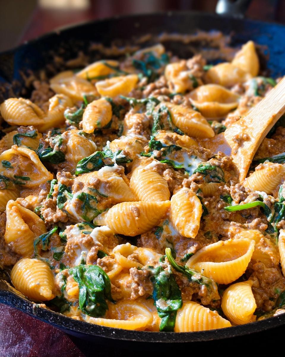 Close-up of Creamy High Protein Beef Pasta with spinach and shell pasta in a skillet.