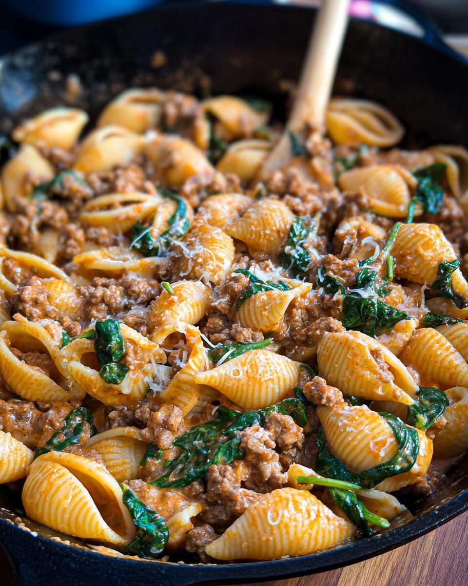 Close-up of Creamy High Protein Beef Pasta with spinach and grated cheese in a skillet.