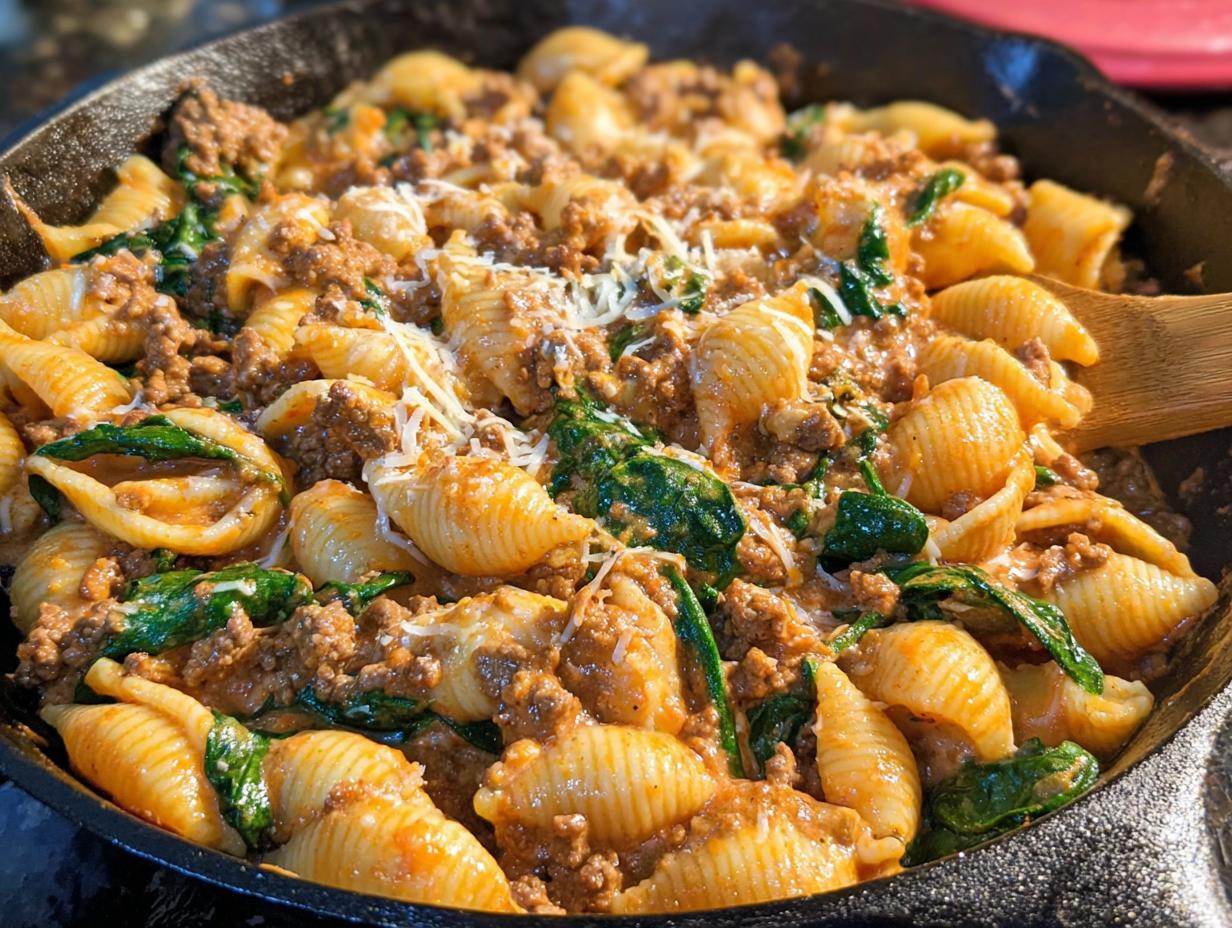 Close-up of Creamy High Protein Beef Pasta with spinach and cheese in a cast iron skillet.