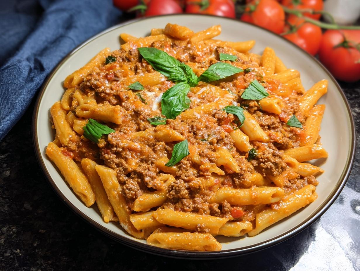 A bowl of Creamy High Protein Beef Pasta, garnished with fresh basil leaves.