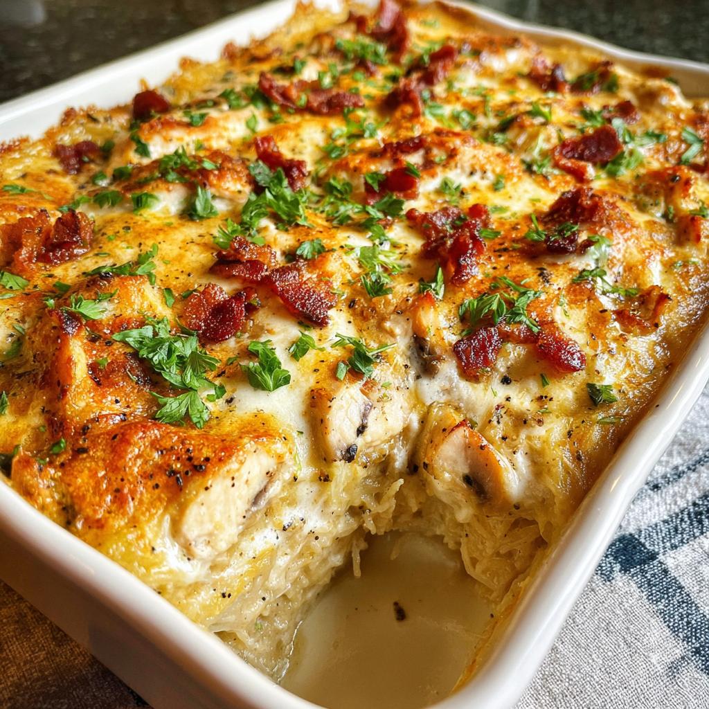 A close-up of a creamy low carb chicken casserole topped with bacon and parsley, with a serving removed.