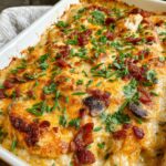 Close-up of a baked Creamy Low Carb Chicken Casserole topped with melted cheese, crispy bacon, and fresh chives.