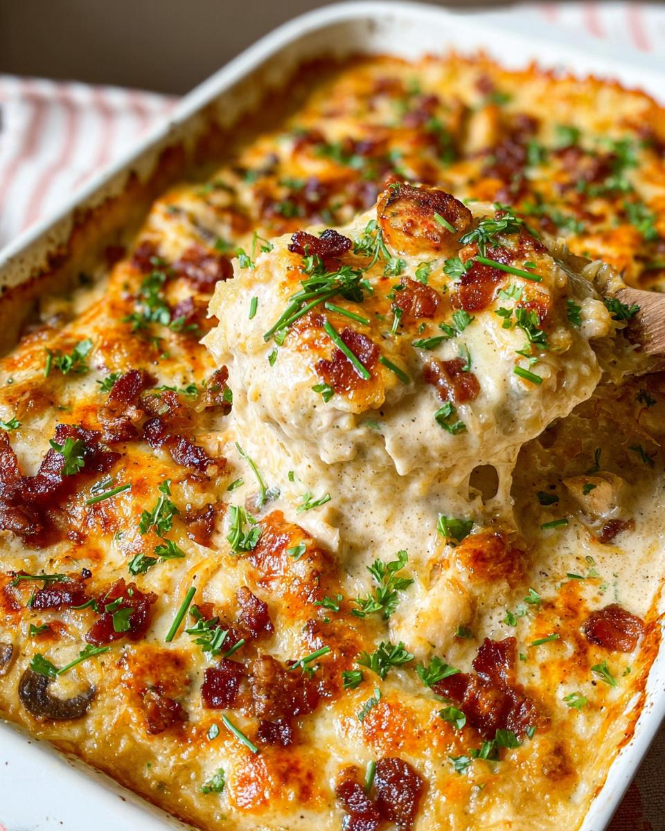 A spoonful of creamy low carb chicken casserole topped with crispy bacon and fresh parsley.