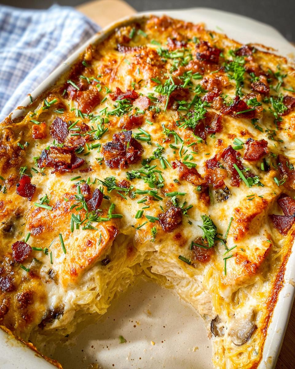 A close-up of a creamy low carb chicken casserole topped with crispy bacon and chives.
