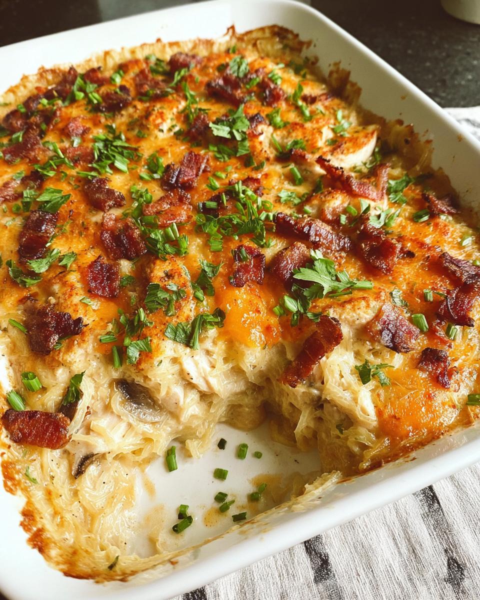 A serving dish of Creamy Low Carb Chicken Casserole, topped with melted cheese, crispy bacon, and fresh parsley.