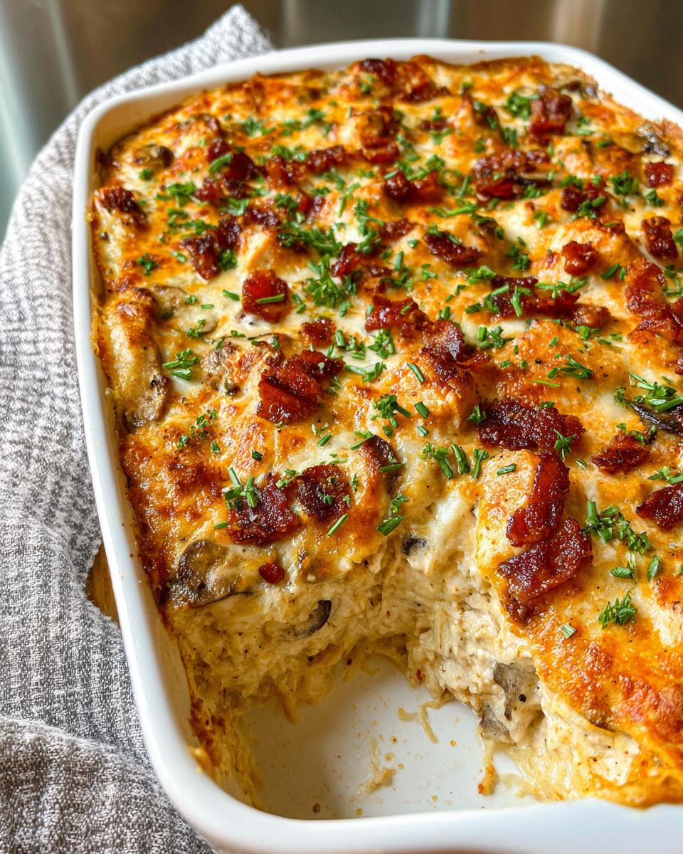 A close-up of a creamy low carb chicken casserole topped with crispy bacon and chives.