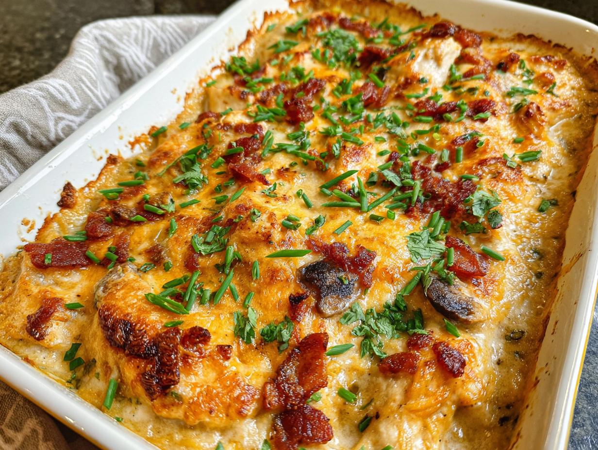 Close-up of a baked Creamy Low Carb Chicken Casserole topped with melted cheese, crispy bacon, and fresh chives.