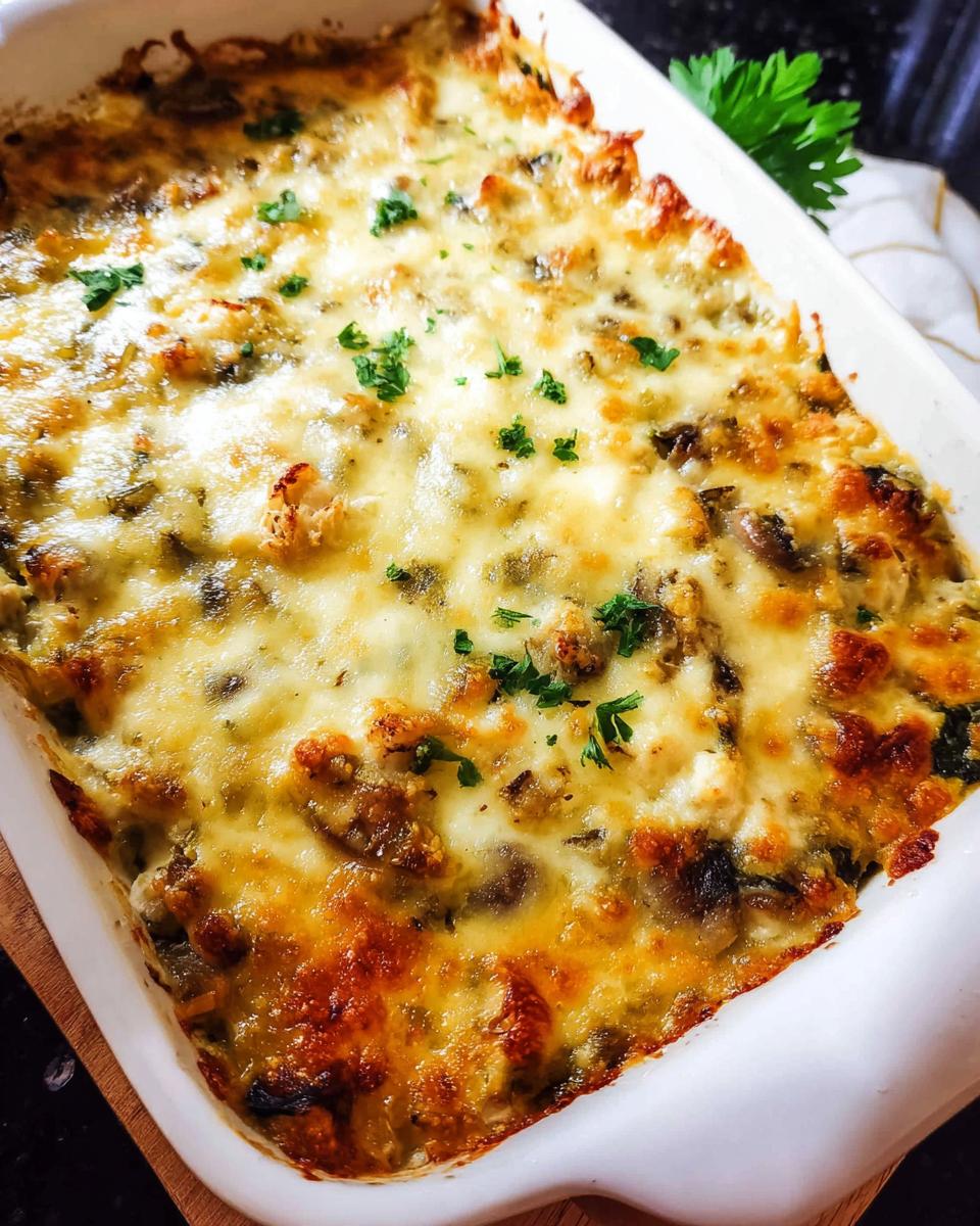 A close-up of a bubbly, golden-brown Creamy Low Carb Chicken Casserole topped with melted cheese and fresh parsley.