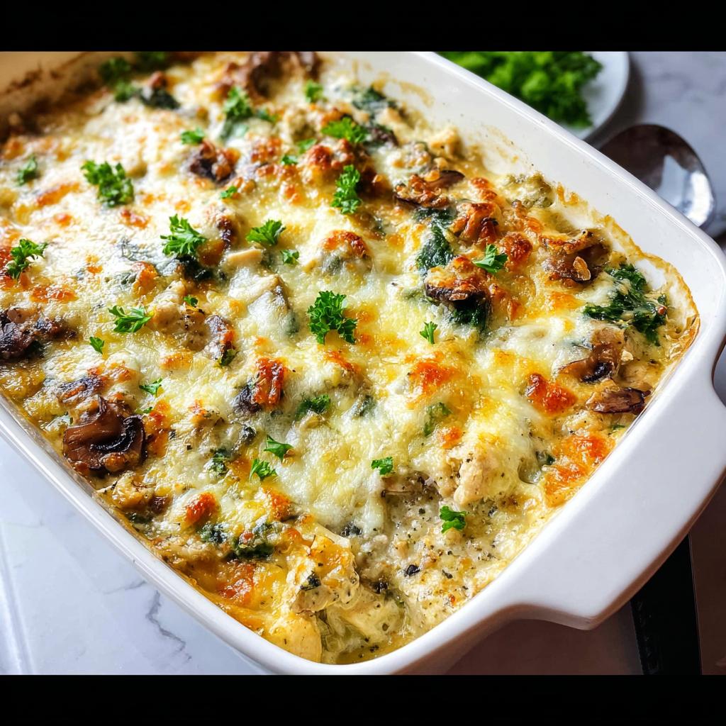 A close-up of a freshly baked Creamy Low Carb Chicken Casserole in a white baking dish, topped with melted cheese and parsley.