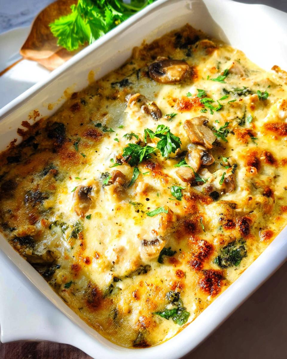 A close-up of a bubbly, golden-brown Creamy Low Carb Chicken Casserole topped with mushrooms and fresh parsley.