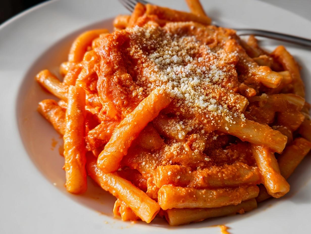 A close-up of a white plate piled high with creamy tomato garlic pasta, topped with grated cheese.