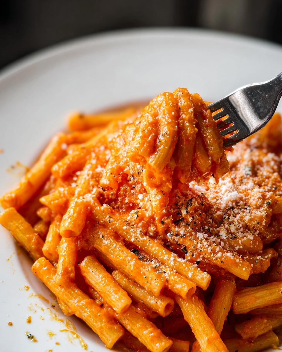 A fork lifting a portion of creamy tomato garlic pasta, showing the rich sauce and pasta texture.