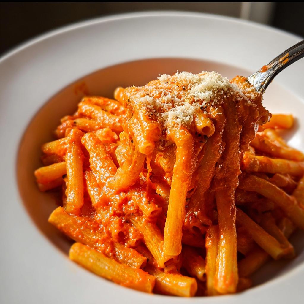 A fork lifting a portion of creamy tomato garlic pasta, topped with grated Parmesan cheese.