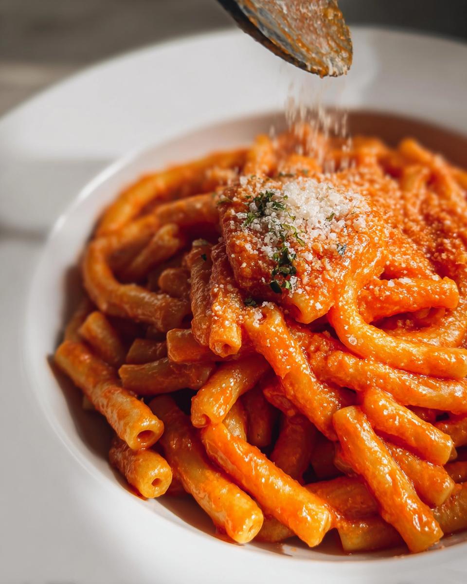A bowl of creamy tomato garlic pasta being topped with grated Parmesan cheese and herbs.