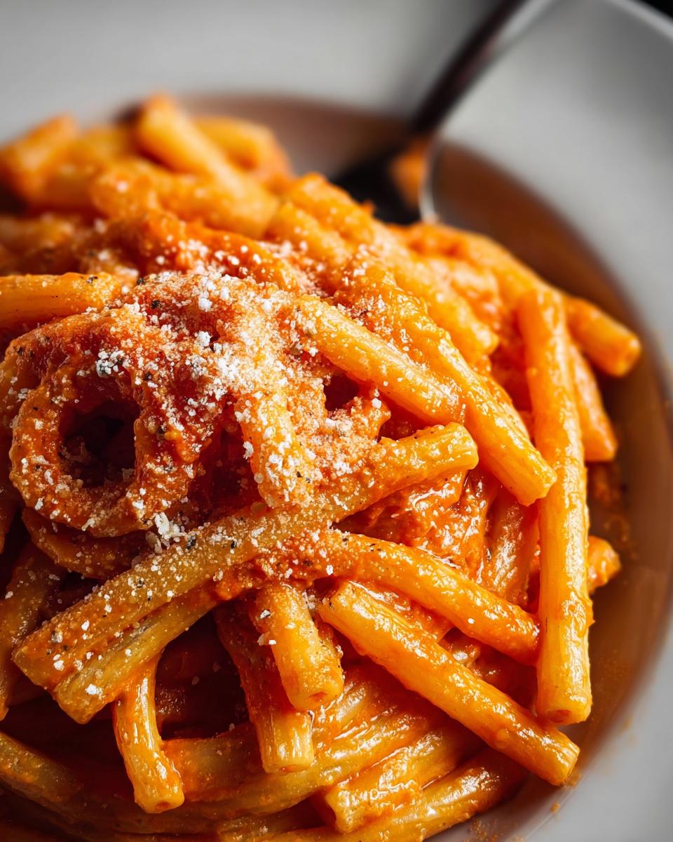 Close-up of creamy tomato garlic pasta, topped with grated cheese and black pepper.
