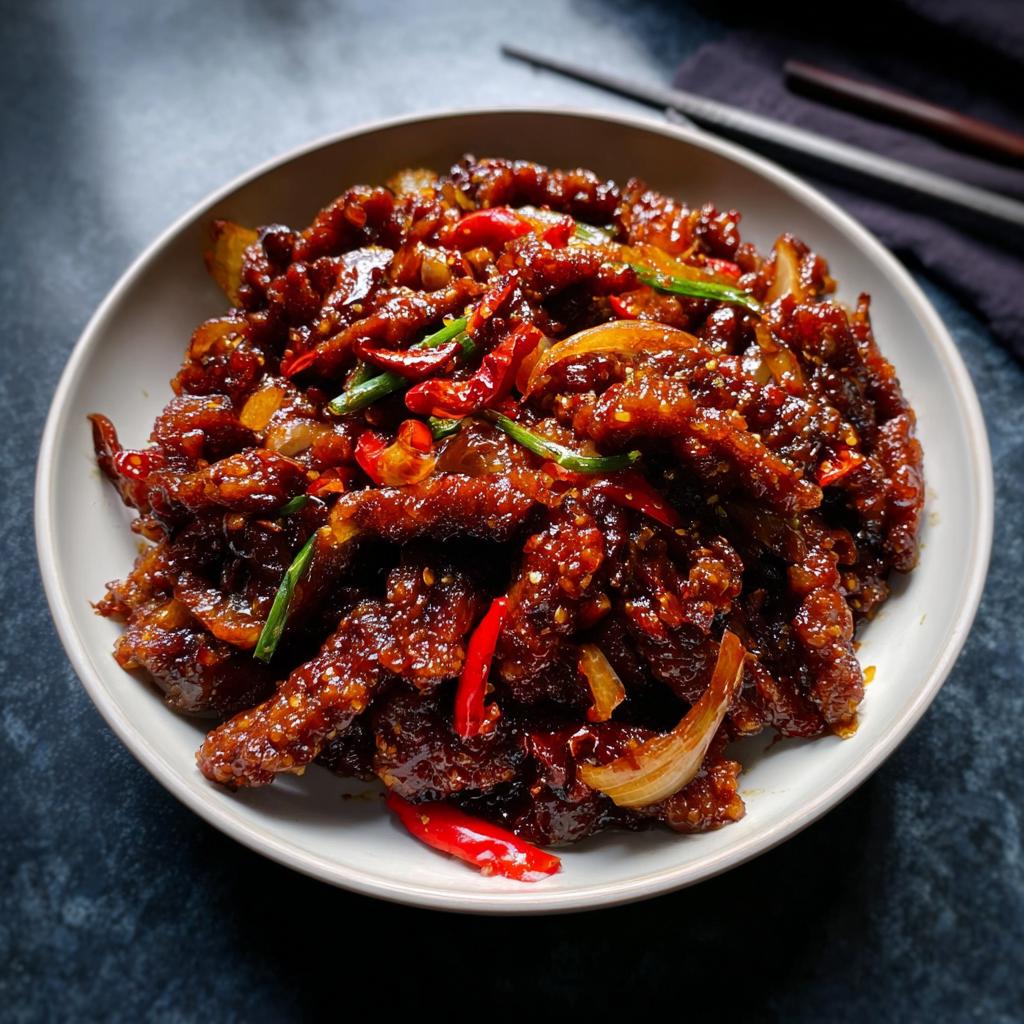 A close-up of a bowl filled with Crispy Chilli Beef Rice, featuring glossy beef strips, red chillies, and onions.