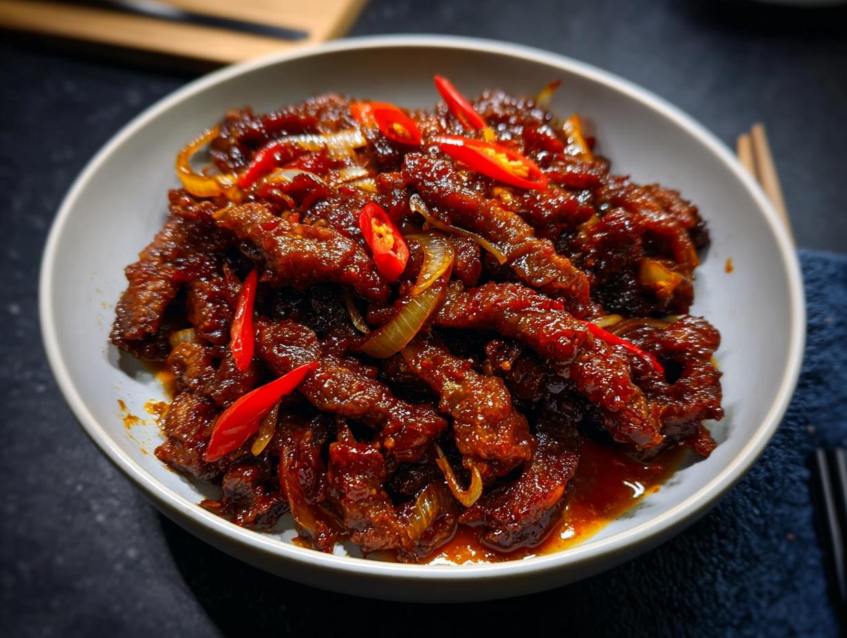 A bowl of Crispy Chilli Beef Rice, featuring tender beef strips coated in a glossy sauce with sliced red chillies and onions.
