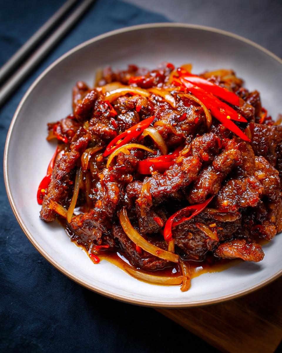 A close-up of a bowl of Crispy Chilli Beef Rice, featuring tender beef strips coated in a glossy sauce with sliced red chilies and onions.