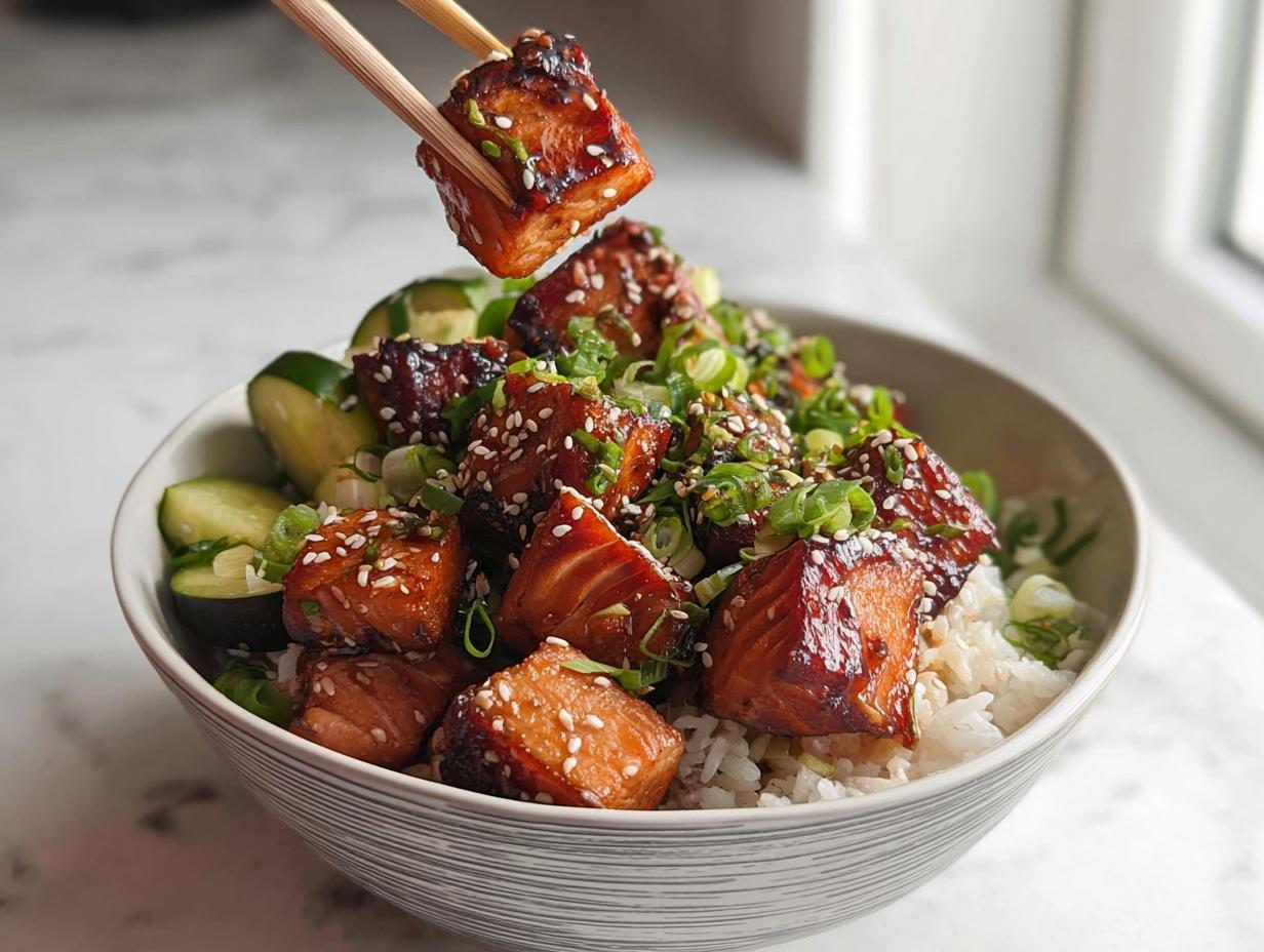 A bowl of white rice topped with glazed crispy salmon pieces, sliced cucumbers, and garnished with sesame seeds and green onions.