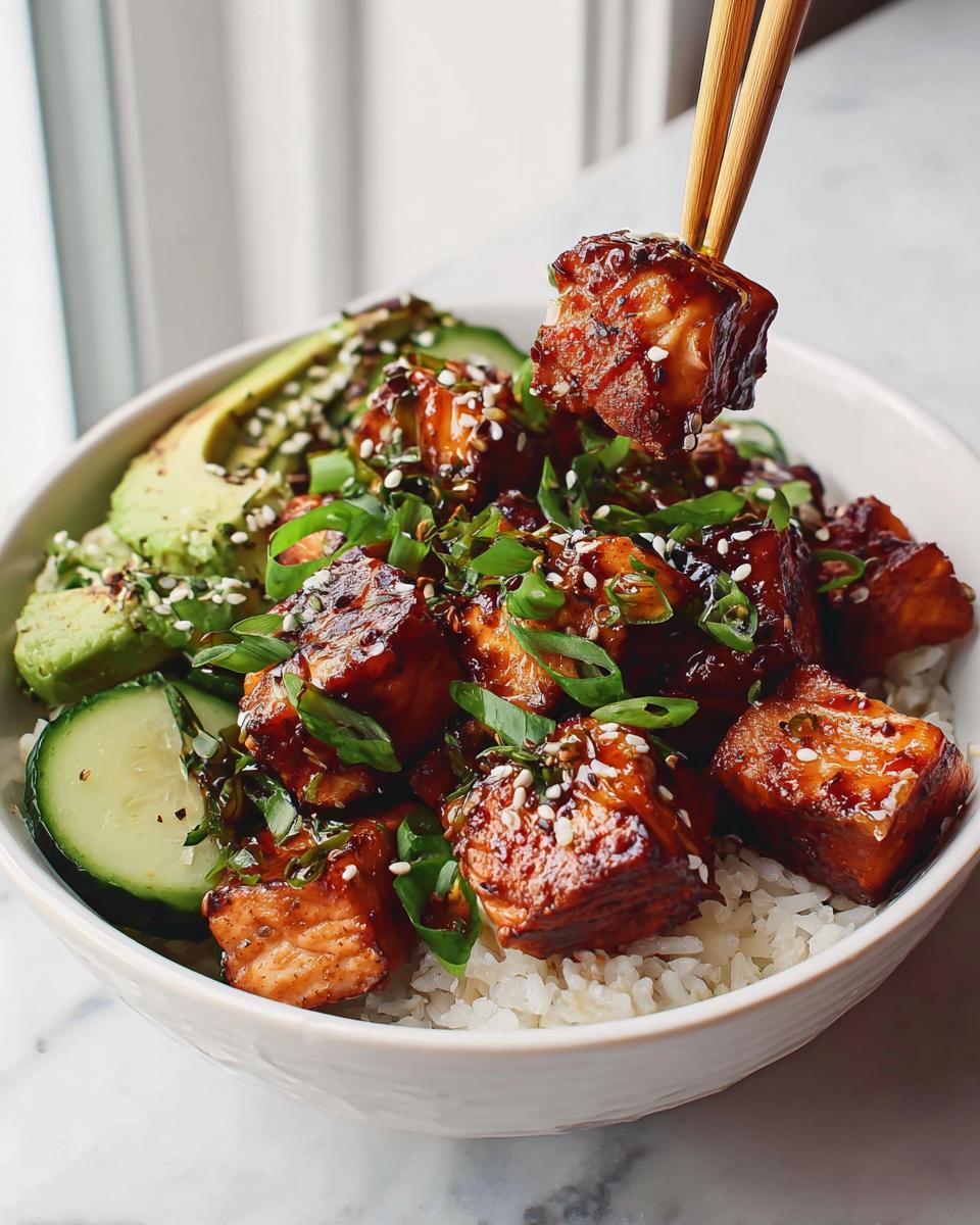 A close-up of a Crispy Salmon and Rice Bowl, with chopsticks lifting a piece of glazed salmon.
