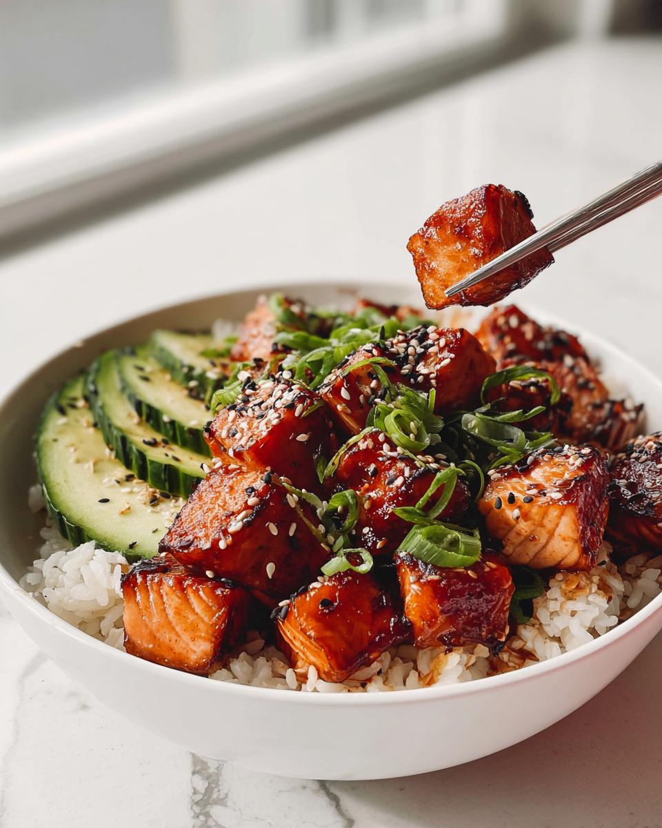 A close-up of a Crispy Salmon and Rice Bowl, with chopsticks picking up a piece of glazed salmon.