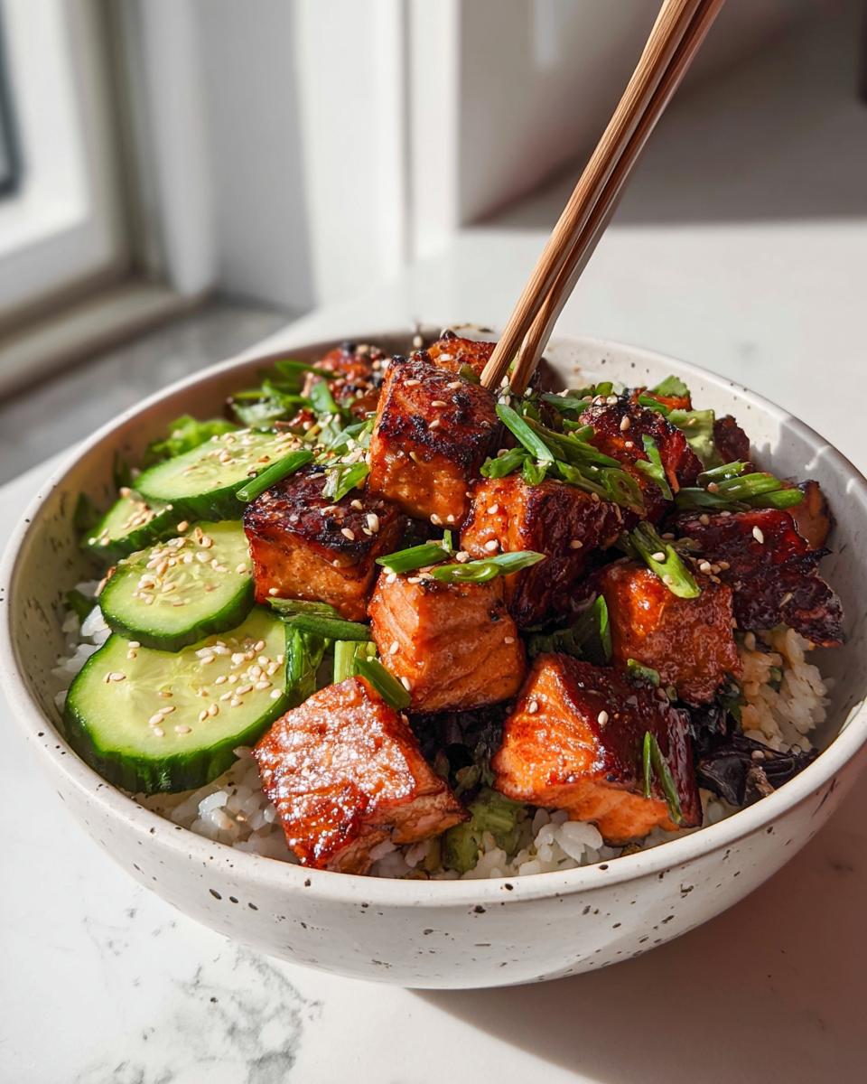 A close-up of a Crispy Salmon and Rice Bowl topped with cucumber slices, green onions, and sesame seeds.