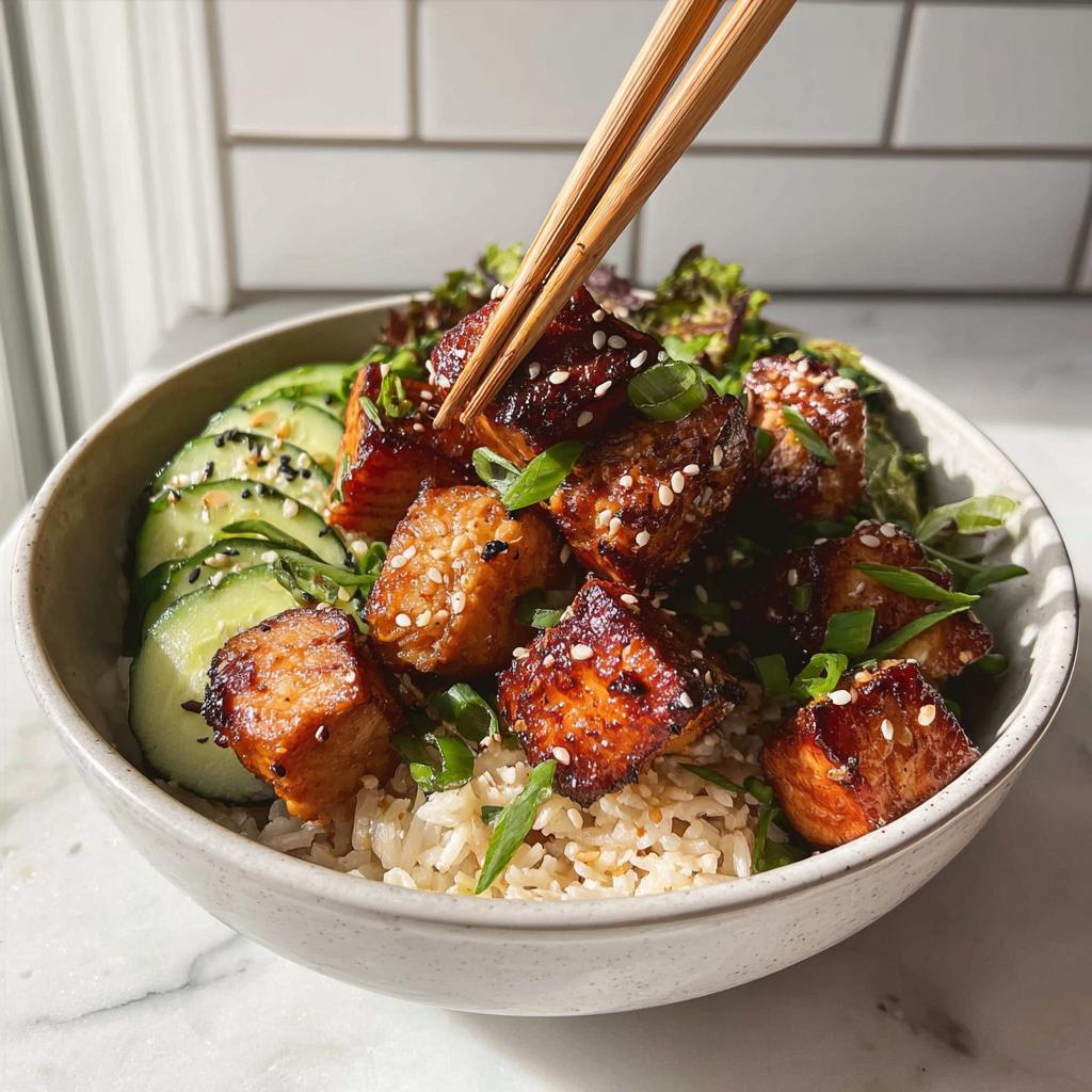 A close-up of a Crispy Salmon and Rice Bowl, featuring glazed salmon cubes, rice, sliced cucumbers, and green onions.