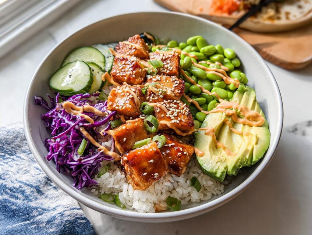 A vibrant Crispy Salmon and Rice Bowl featuring glazed salmon pieces, white rice, edamame, avocado slices, cucumber, and red cabbage, drizzled with sauce.