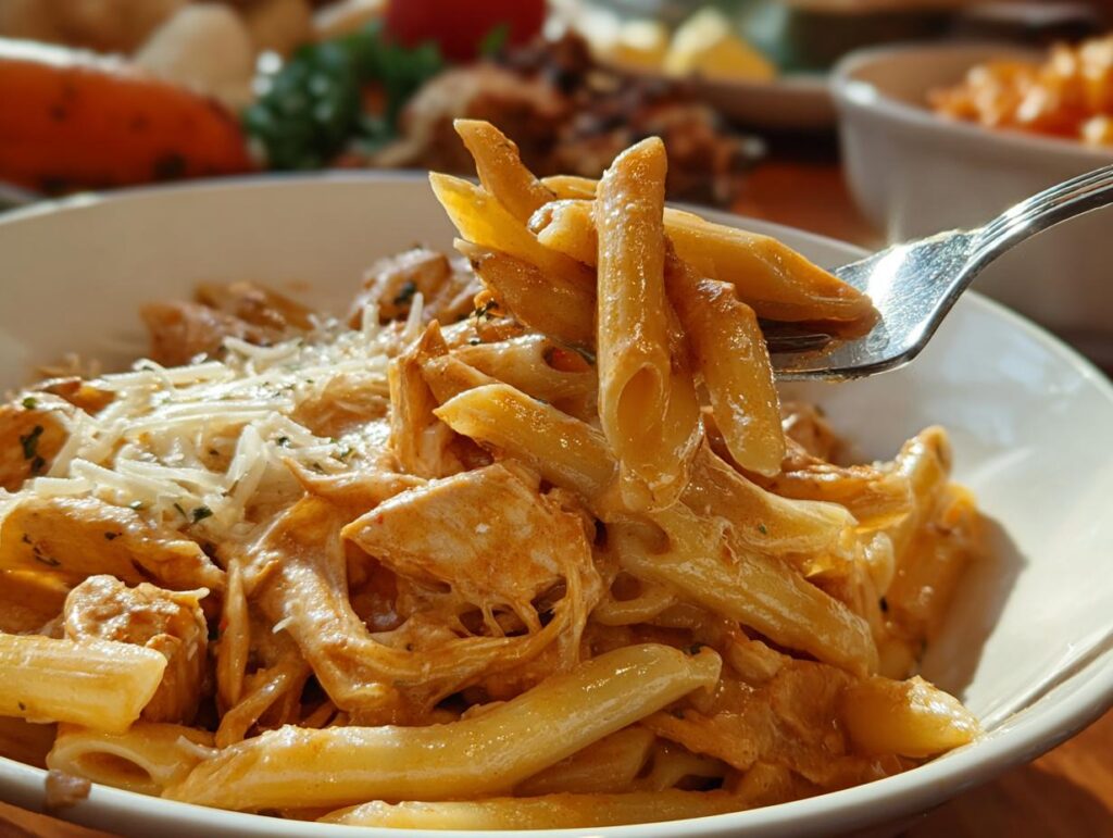 A fork lifting a portion of Crock Pot Creamy Cajun Chicken Pasta from a white bowl, showing penne pasta coated in creamy Cajun sauce with shredded chicken and cheese.