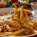 A fork lifting a portion of Crock Pot Creamy Cajun Chicken Pasta from a white bowl, showing penne pasta coated in creamy Cajun sauce with shredded chicken and cheese.