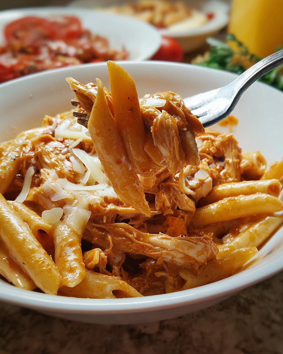 A fork lifting a portion of Crock Pot Creamy Cajun Chicken Pasta, showing shredded chicken and penne pasta coated in a rich sauce.