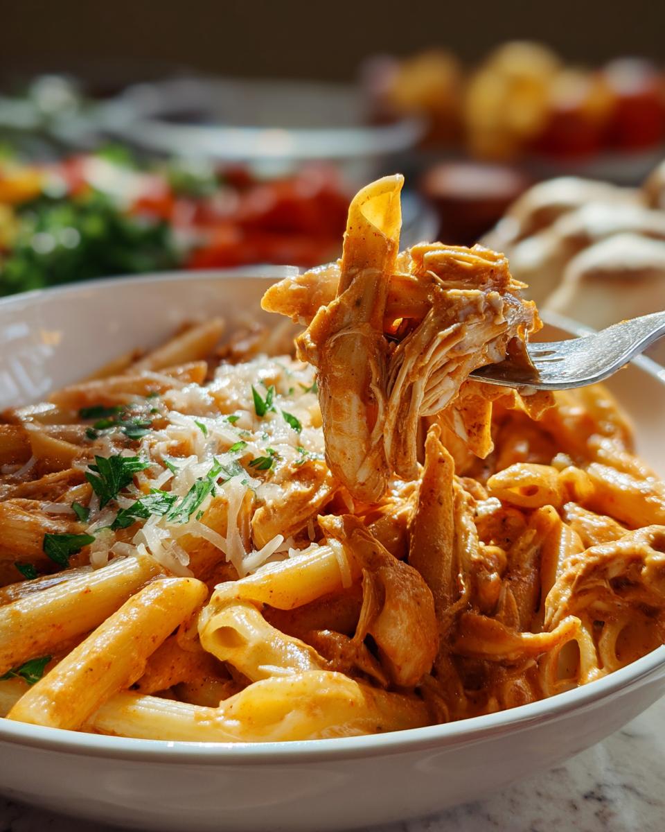 A fork lifting a bite of Crock Pot Creamy Cajun Chicken Pasta, showing tender shredded chicken in a rich, creamy sauce with penne pasta.