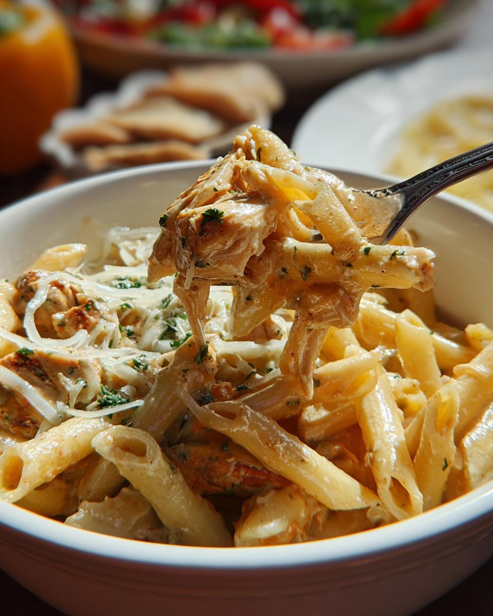 A fork lifts a generous portion of Crock Pot Creamy Cajun Chicken Pasta, showing penne noodles coated in a rich sauce with shredded chicken and herbs.