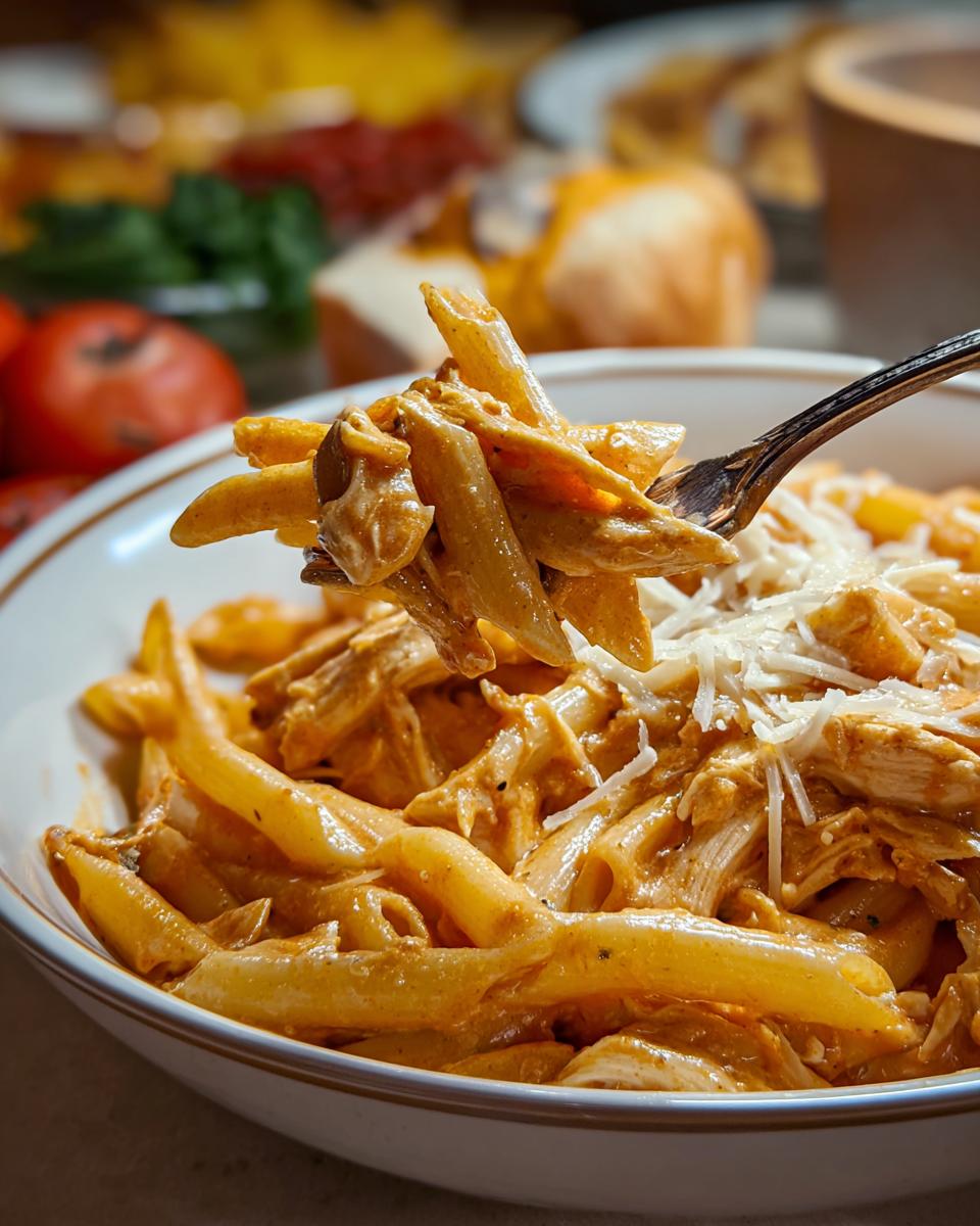 A fork lifting a bite of Crock Pot Creamy Cajun Chicken Pasta with penne noodles and shredded cheese.