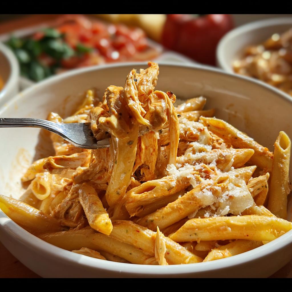 A fork lifting a creamy portion of Crock Pot Creamy Cajun Chicken Pasta from a white bowl, topped with shredded cheese.