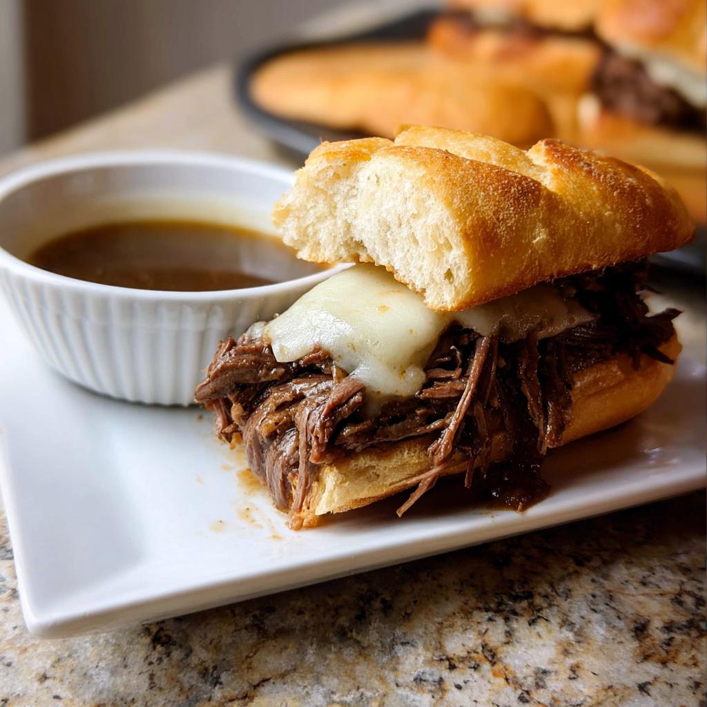 A mouthwatering Crockpot French Dip Sandwich piled high with shredded beef and melted cheese, served with a side of au jus.