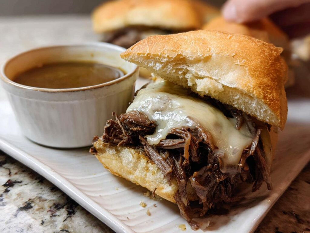 Close-up of a delicious Crockpot French Dip Sandwich overflowing with shredded beef and melted cheese, served with a side of au jus.