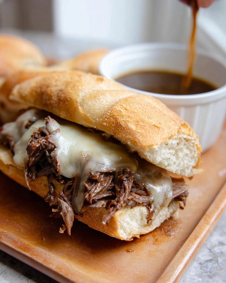 A delicious Crockpot French Dip Sandwich overflowing with shredded beef and melted cheese, served with a side of au jus.